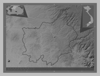 Binh Phuoc, Vietnam vilayeti. Gölleri ve nehirleri olan gri tonlama yükseklik haritası. Köşedeki yedek konum haritaları