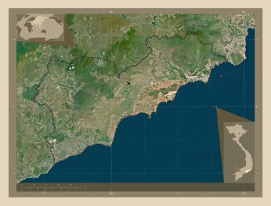 Binh Thuan, Vietnam vilayeti. Yüksek çözünürlüklü uydu. Köşedeki yedek konum haritaları