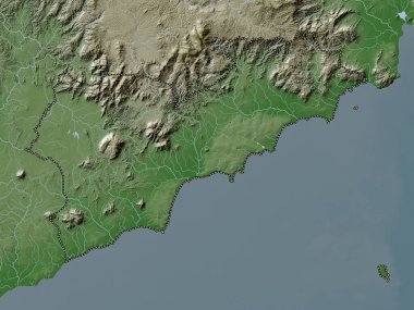 Binh Thuan, Vietnam vilayeti. Yükseklik haritası göller ve nehirlerle wiki stilinde renklendirilmiştir