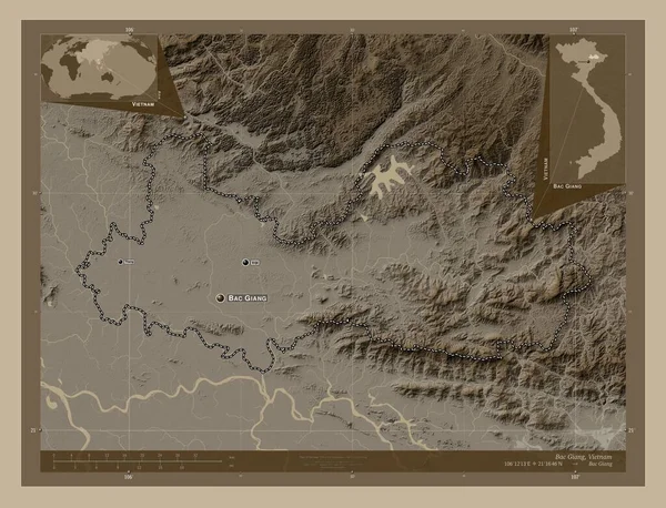 Bac Giang Επαρχία Του Βιετνάμ Υψόμετρο Χάρτη Χρωματισμένο Τόνους Σέπια — Φωτογραφία Αρχείου