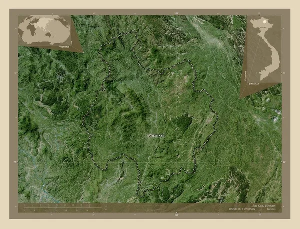 バック菅 ベトナムの州 高解像度衛星地図 地域の主要都市の位置と名前 コーナー補助位置図 — ストック写真