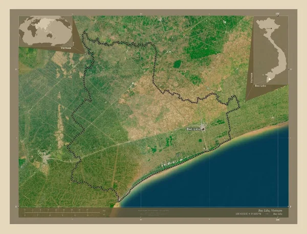 ベトナムの省 バックLieu 高解像度衛星地図 地域の主要都市の位置と名前 コーナー補助位置図 — ストック写真