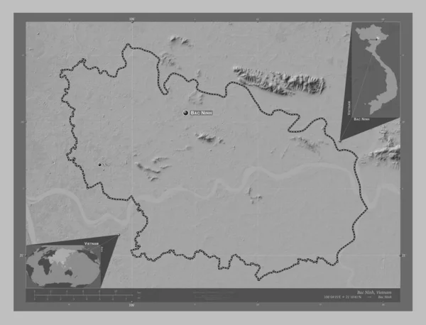 Bac Ninh Province Vietnam Grayscale Elevation Map Lakes Rivers Locations — Stock Photo, Image
