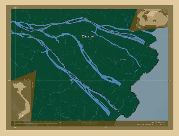 ベトナムのベン トレ州 湖や川と色の標高マップ 地域の主要都市の位置と名前 コーナー補助位置図 — ストック写真