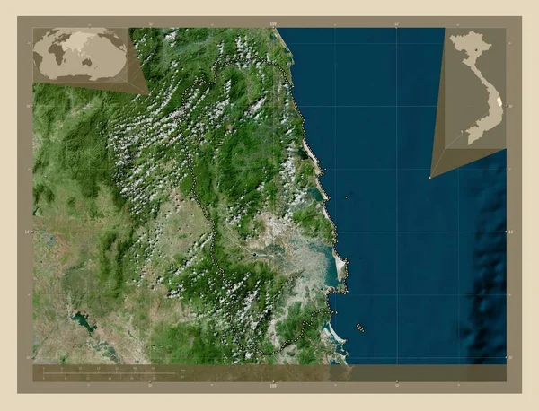 Binh Inh 越南省 高分辨率卫星地图 该区域主要城市的所在地点 角辅助位置图 — 图库照片
