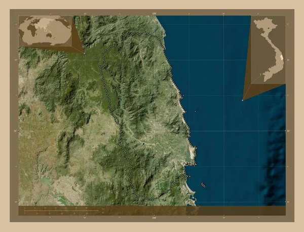ベトナムのビンズオン省 低解像度衛星地図 地域の主要都市の場所 コーナー補助位置図 — ストック写真