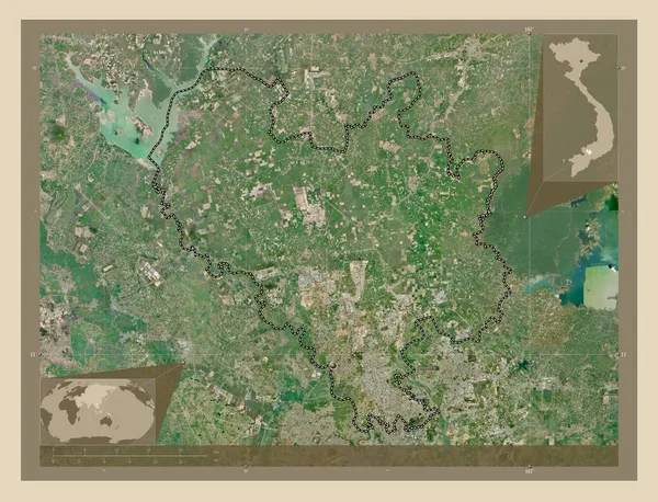 ベトナムの省 ビンズオン 高解像度衛星地図 地域の主要都市の場所 コーナー補助位置図 — ストック写真