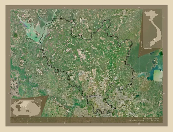 ベトナムの省 ビンズオン 高解像度衛星地図 地域の主要都市の位置と名前 コーナー補助位置図 — ストック写真