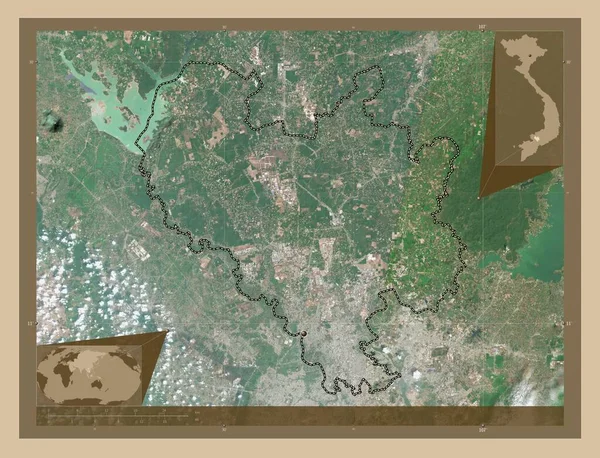 ベトナムの省 ビンズオン 低解像度衛星地図 地域の主要都市の場所 コーナー補助位置図 — ストック写真