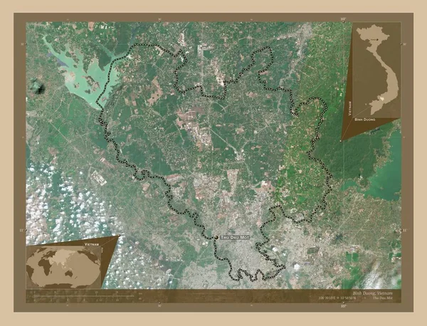 ベトナムの省 ビンズオン 低解像度衛星地図 地域の主要都市の位置と名前 コーナー補助位置図 — ストック写真