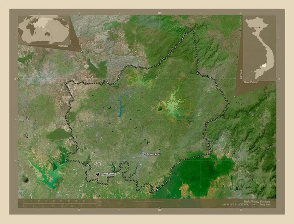 ベトナムの省 ビンフォック 高解像度衛星地図 地域の主要都市の位置と名前 コーナー補助位置図 — ストック写真