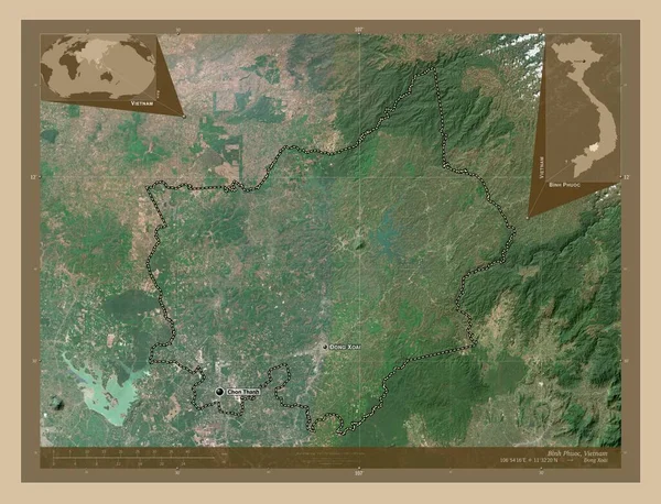 ベトナムの省 ビンフォック 低解像度衛星地図 地域の主要都市の位置と名前 コーナー補助位置図 — ストック写真