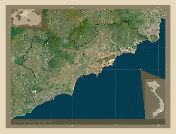 ベトナムの省ビントゥアン県 高解像度衛星地図 地域の主要都市の場所 コーナー補助位置図 — ストック写真