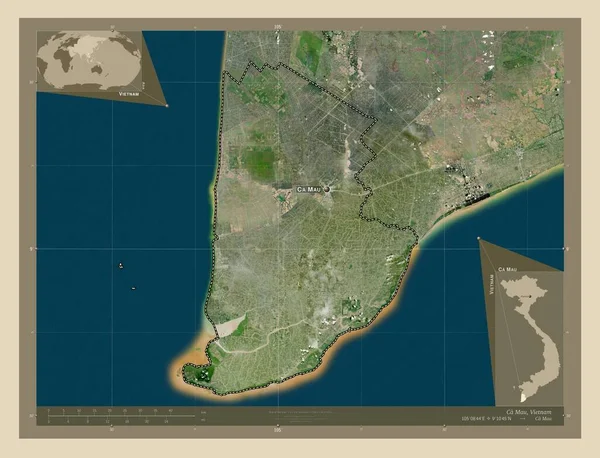 ベトナムの省のCa Mau 高解像度衛星地図 地域の主要都市の位置と名前 コーナー補助位置図 — ストック写真