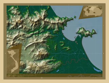 A Nang, 124B şehri, 124A belediyesi, Vietnam thanh pho. Gölleri ve nehirleri olan renkli yükseklik haritası. Bölgenin büyük şehirlerinin yerleri. Köşedeki yedek konum haritaları