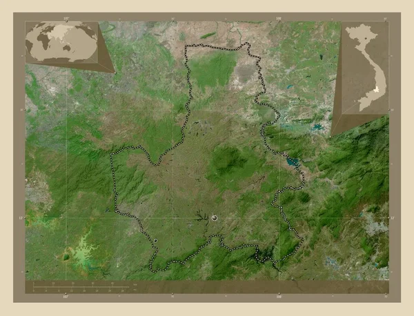 ベトナムの省 Nong 高解像度衛星地図 地域の主要都市の場所 コーナー補助位置図 — ストック写真