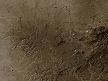 ak Nong, Vietnam vilayeti. Yükseklik haritası sepya tonlarında göller ve nehirlerle renklendirilmiş