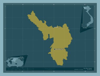 ien Bien, Vietnam vilayeti. Katı renk şekli. Bölgenin büyük şehirlerinin yerleri ve isimleri. Köşedeki yedek konum haritaları