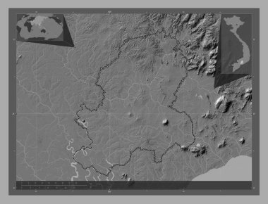 Vietnam vilayeti, ong Nai. Göllü ve nehirli çift katlı yükseklik haritası. Köşedeki yedek konum haritaları