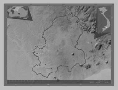 Vietnam vilayeti, ong Nai. Gölleri ve nehirleri olan gri tonlama yükseklik haritası. Bölgenin büyük şehirlerinin yerleri ve isimleri. Köşedeki yedek konum haritaları
