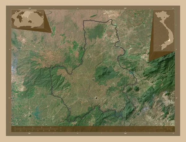 ベトナムの省 Nong 低解像度衛星地図 地域の主要都市の場所 コーナー補助位置図 — ストック写真
