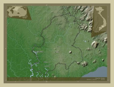 Vietnam vilayeti, ong Nai. Yükseklik haritası göller ve nehirlerle wiki tarzında renklendirilmiş. Bölgenin büyük şehirlerinin yerleri ve isimleri. Köşedeki yedek konum haritaları