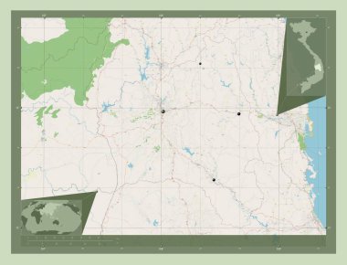 Gia Lai, Vietnam vilayeti. Açık Sokak Haritası. Bölgenin büyük şehirlerinin yerleri. Köşedeki yedek konum haritaları