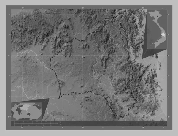 Gia Lai 越南省 带有湖泊和河流的灰度高程图 角辅助位置图 — 图库照片