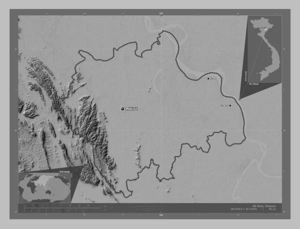 Nam Province Vietnam Grayscale Elevation Map Lakes Rivers Locations Names — Stock Photo, Image