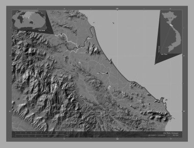 Ha Tinh, Vietnam vilayeti. Göllü ve nehirli çift katlı yükseklik haritası. Bölgenin büyük şehirlerinin yerleri ve isimleri. Köşedeki yedek konum haritaları