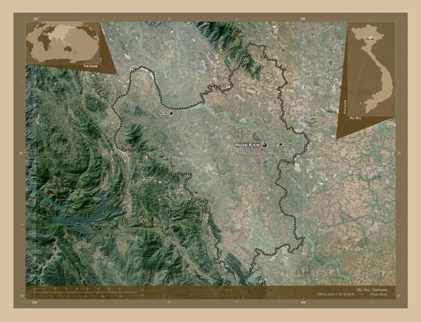 海诺伊 越南的市 Thanh Pho 低分辨率卫星地图 该区域主要城市的地点和名称 角辅助位置图 — 图库照片