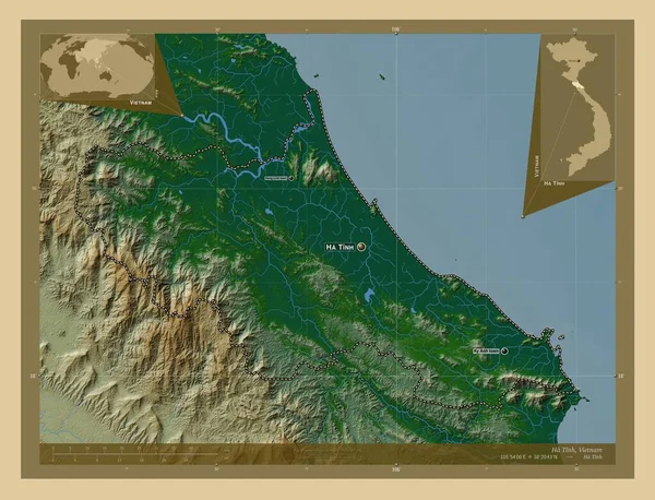 ベトナムのハティン県 湖や川と色の標高マップ 地域の主要都市の位置と名前 コーナー補助位置図 — ストック写真