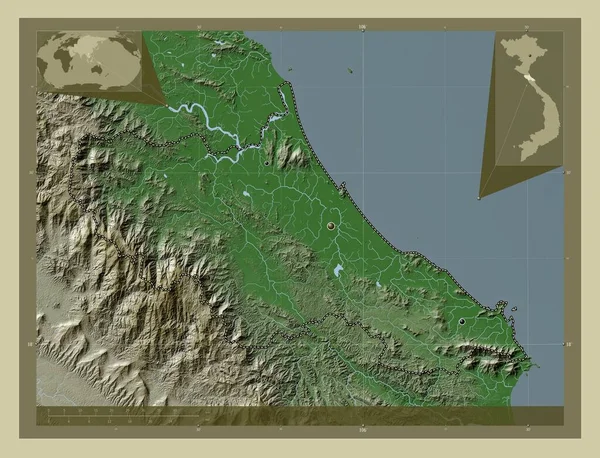 哈廷省 用Wiki风格绘制的带有湖泊和河流的高程地图 该区域主要城市的所在地点 角辅助位置图 — 图库照片