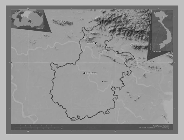 越南省 带有湖泊和河流的灰度高程图 该区域主要城市的地点和名称 角辅助位置图 — 图库照片