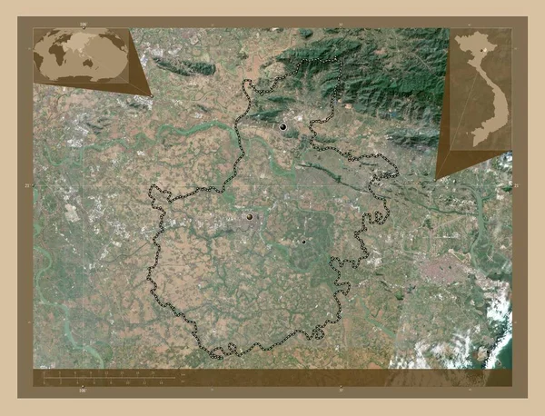 越南省 低分辨率卫星地图 该区域主要城市的所在地点 角辅助位置图 — 图库照片