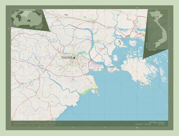 越南城市 自治市 大田府 开放街道地图 该区域主要城市的地点和名称 角辅助位置图 — 图库照片