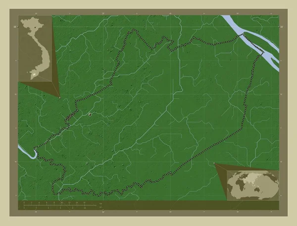 Hau Giang 越南省 用Wiki风格绘制的带有湖泊和河流的高程地图 角辅助位置图 — 图库照片