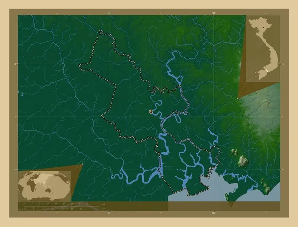 胡志明 越南市 大田府 有湖泊和河流的彩色高程图 角辅助位置图 — 图库照片