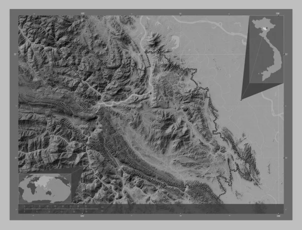 Hoa Binh Province Vietnam Grayscale Elevation Map Lakes Rivers Locations — Stock Photo, Image