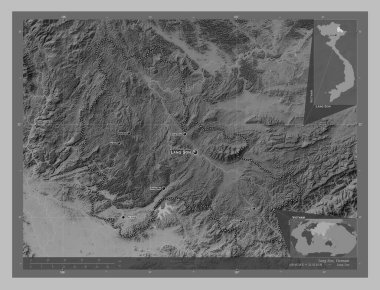 Lang Son, Vietnam vilayeti. Gölleri ve nehirleri olan gri tonlama yükseklik haritası. Bölgenin büyük şehirlerinin yerleri ve isimleri. Köşedeki yedek konum haritaları