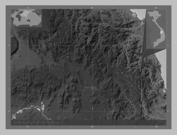 Kon Tum Province Vietnam Grayscale Elevation Map Lakes Rivers Corner — Stock Photo, Image