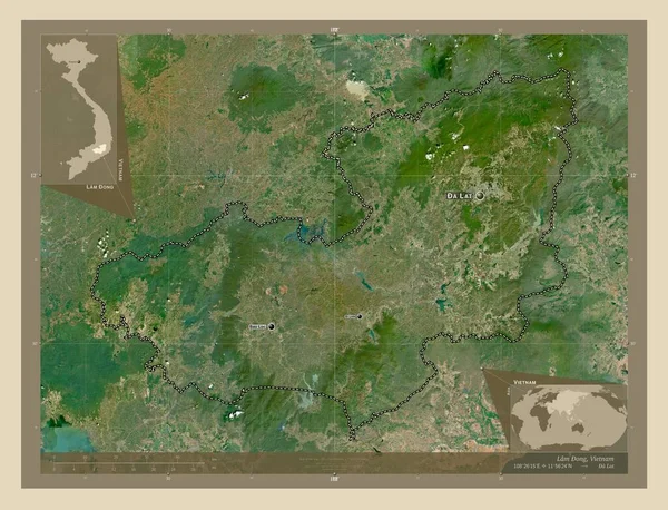 ベトナムの省ラモン 高解像度衛星地図 地域の主要都市の位置と名前 コーナー補助位置図 — ストック写真