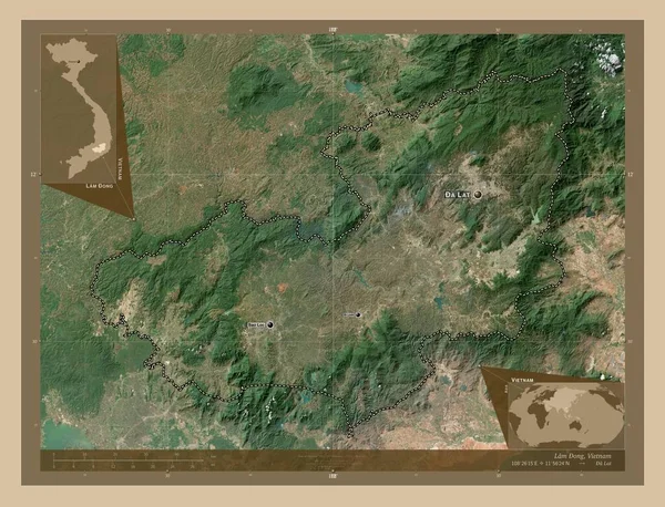 越南省 低分辨率卫星地图 该区域主要城市的地点和名称 角辅助位置图 — 图库照片
