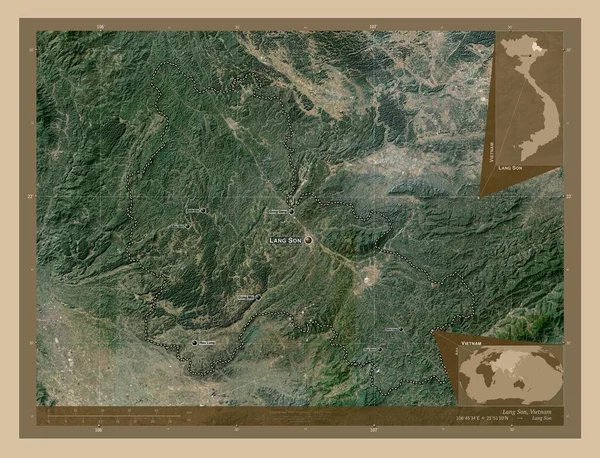 ベトナムの省 ラングソン 低解像度衛星地図 地域の主要都市の位置と名前 コーナー補助位置図 — ストック写真