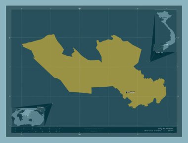 Long An, Vietnam vilayeti. Katı renk şekli. Bölgenin büyük şehirlerinin yerleri ve isimleri. Köşedeki yedek konum haritaları