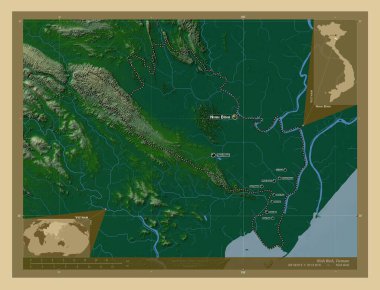 Ninh Binh, Vietnam vilayeti. Gölleri ve nehirleri olan renkli yükseklik haritası. Bölgenin büyük şehirlerinin yerleri ve isimleri. Köşedeki yedek konum haritaları