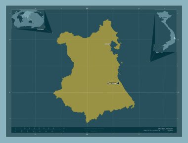 Phu Yen, Vietnam vilayeti. Katı renk şekli. Bölgenin büyük şehirlerinin yerleri ve isimleri. Köşedeki yedek konum haritaları