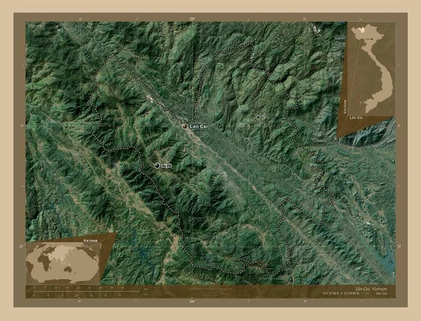 ベトナムのラオス カイ州 低解像度衛星地図 地域の主要都市の位置と名前 コーナー補助位置図 — ストック写真