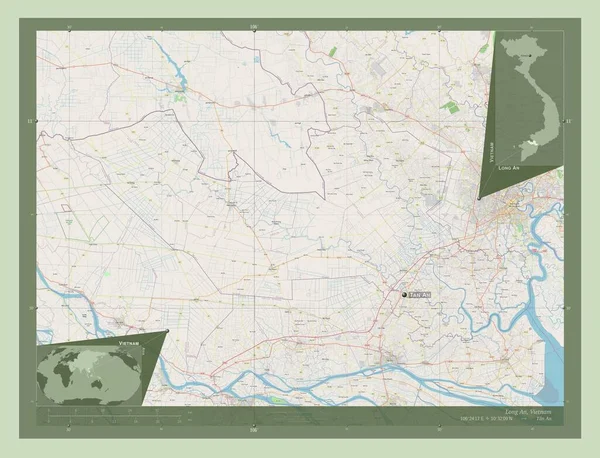 ベトナムのロンアン県 ストリートマップを開く 地域の主要都市の位置と名前 コーナー補助位置図 — ストック写真