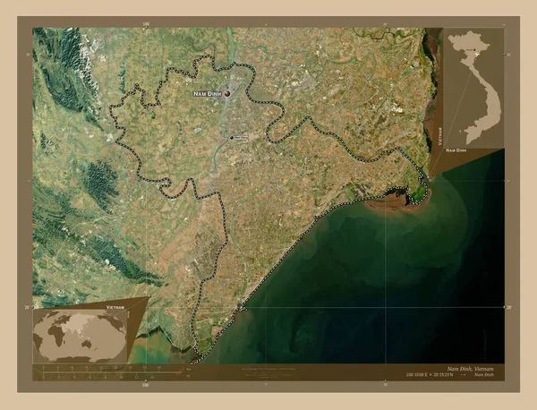 ベトナムの省 Nam Inh 低解像度衛星地図 地域の主要都市の位置と名前 コーナー補助位置図 — ストック写真